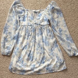 Altar'd State White and Light Blue Floral Tie-Front Mini Dress